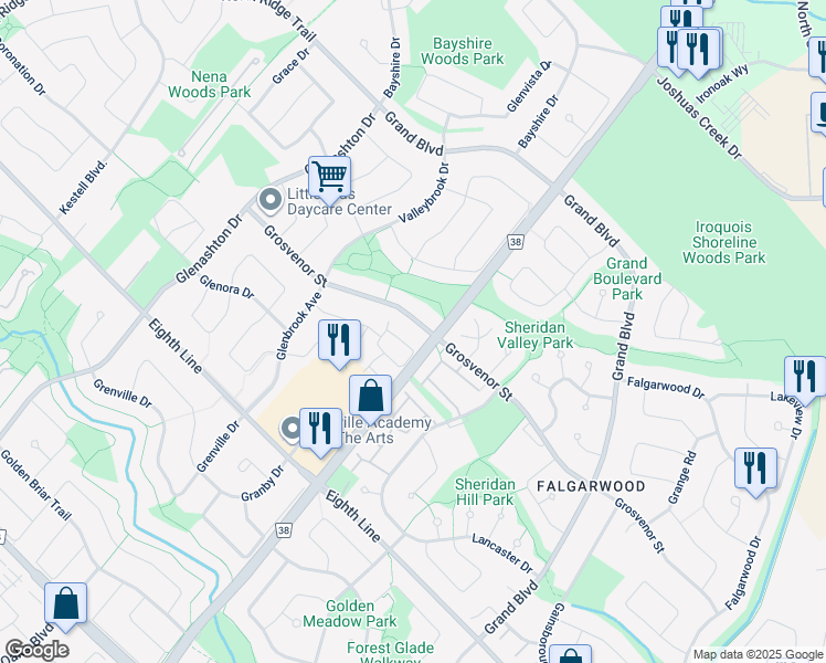 map of restaurants, bars, coffee shops, grocery stores, and more near 2016 Grosvenor Street in Oakville