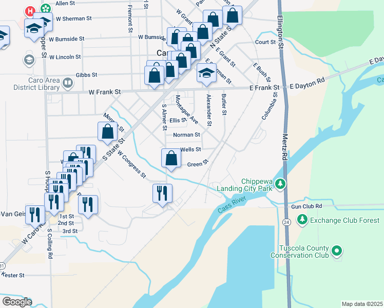 map of restaurants, bars, coffee shops, grocery stores, and more near 400 Wells Street in Caro