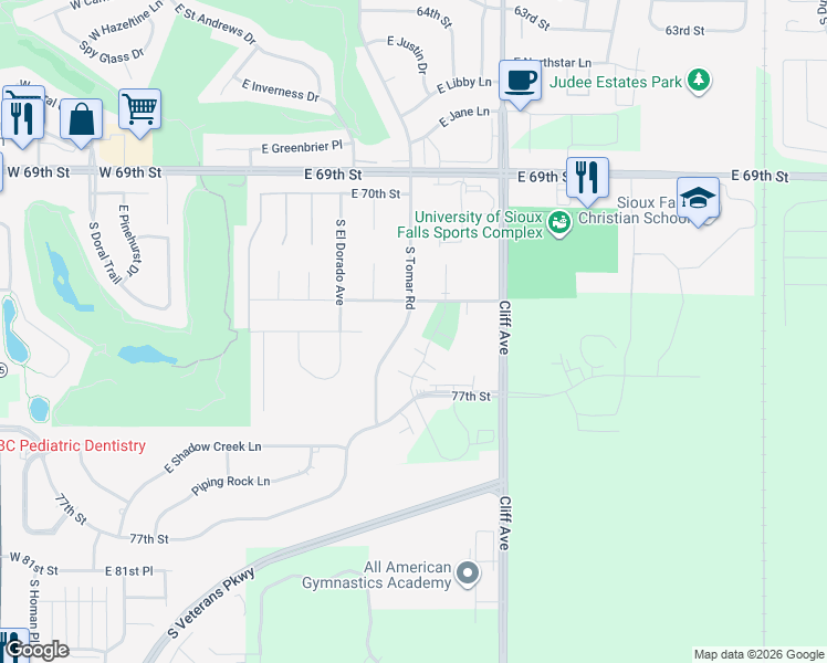 map of restaurants, bars, coffee shops, grocery stores, and more near 6508 South Tomar Road in Sioux Falls