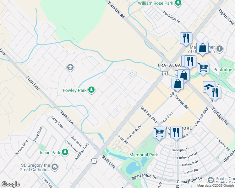 map of restaurants, bars, coffee shops, grocery stores, and more near 127 Orchardcroft Road in Oakville