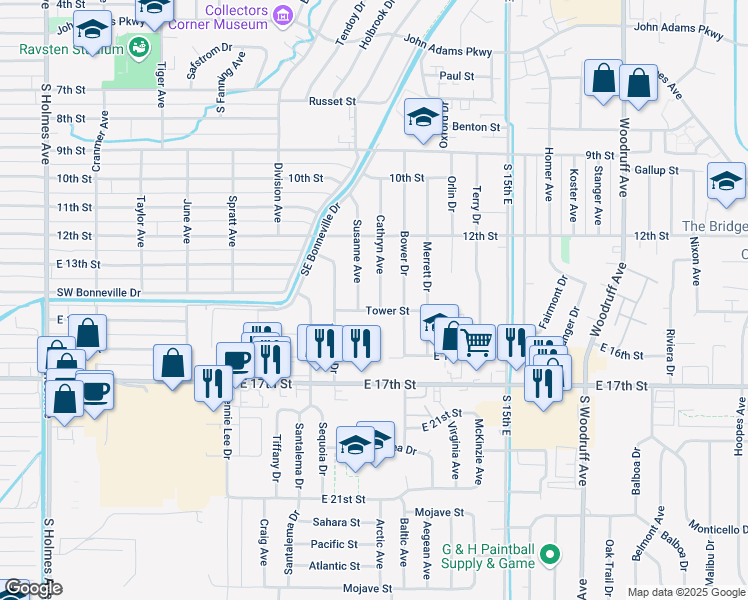 map of restaurants, bars, coffee shops, grocery stores, and more near 1380 Cathryn Avenue in Idaho Falls
