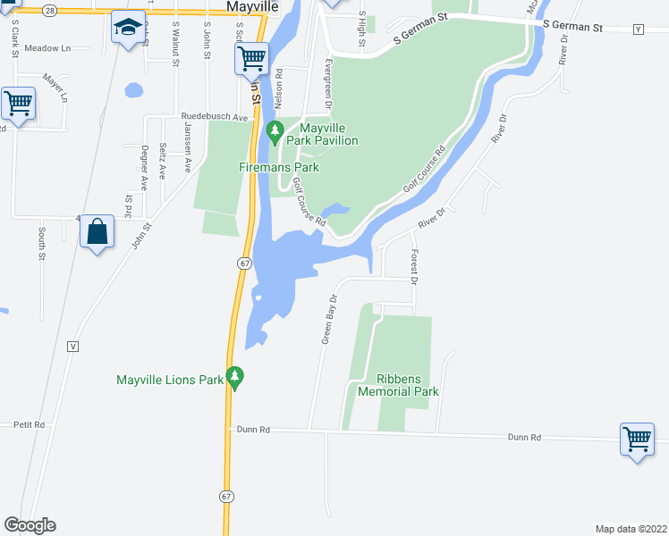 map of restaurants, bars, coffee shops, grocery stores, and more near 725 Green Bay Drive in Mayville