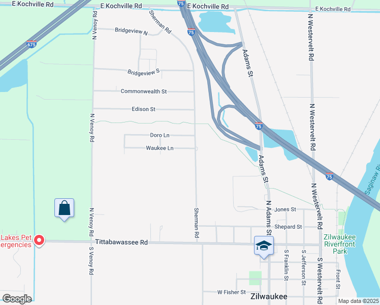 map of restaurants, bars, coffee shops, grocery stores, and more near 779 Waukee Lane in Saginaw