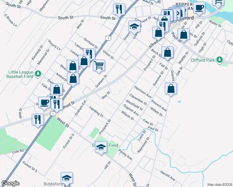 map of restaurants, bars, coffee shops, grocery stores, and more near 12 Prospect Manor in Biddeford