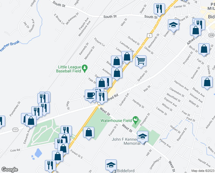 map of restaurants, bars, coffee shops, grocery stores, and more near 1 Dartmouth Street in Biddeford