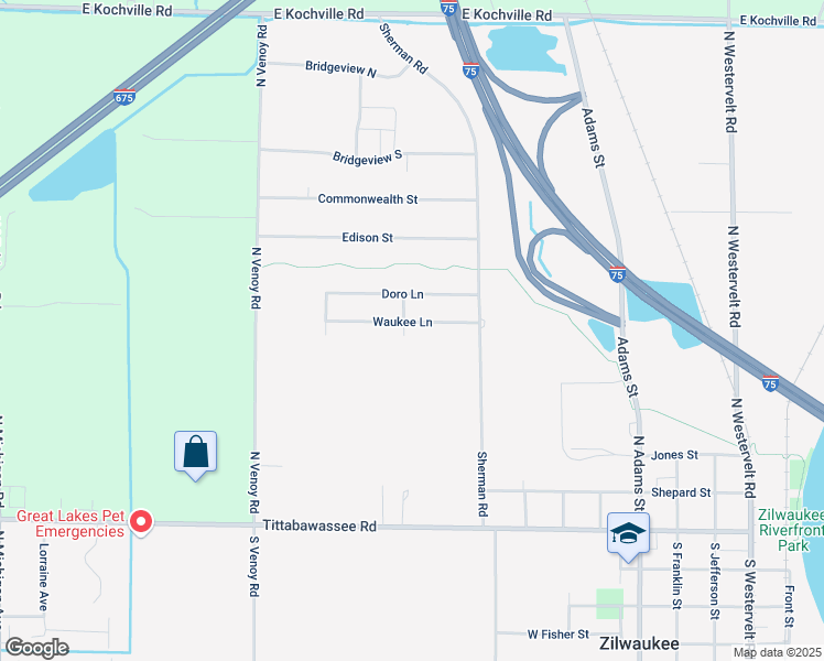 map of restaurants, bars, coffee shops, grocery stores, and more near 821 Waukee Lane in Saginaw