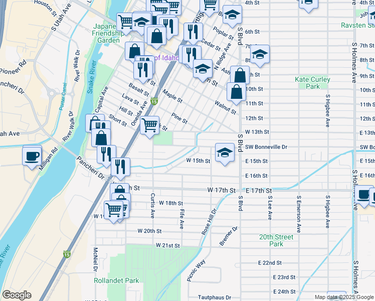 map of restaurants, bars, coffee shops, grocery stores, and more near 293 Cottage Place in Idaho Falls