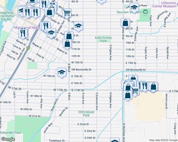 map of restaurants, bars, coffee shops, grocery stores, and more near 240 East 14th Street in Idaho Falls