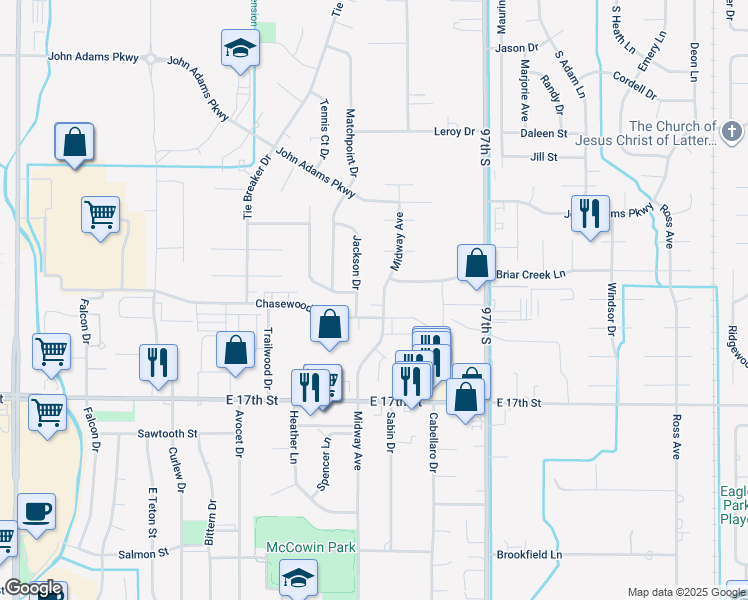map of restaurants, bars, coffee shops, grocery stores, and more near 1350 Midway Avenue in Ammon