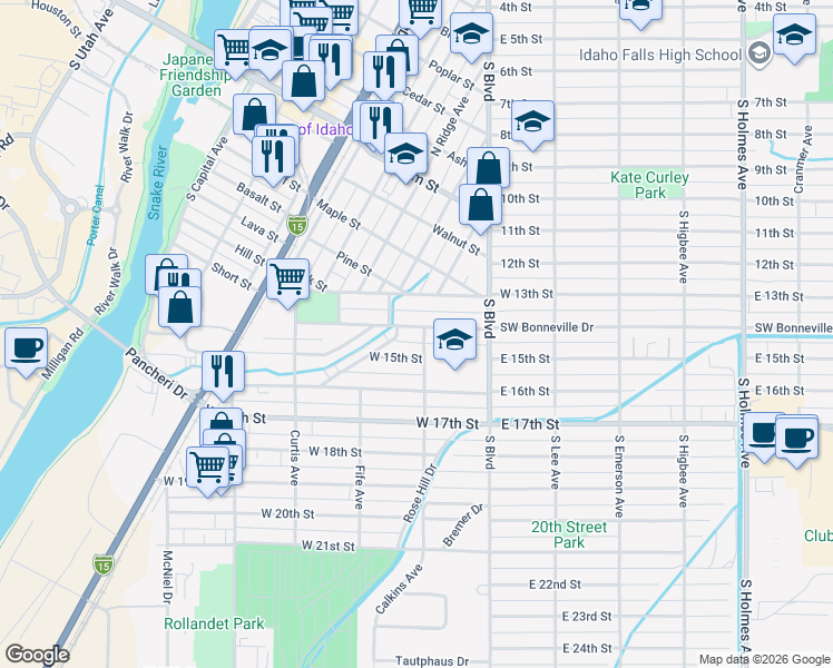 map of restaurants, bars, coffee shops, grocery stores, and more near 205 West 14th Street in Idaho Falls