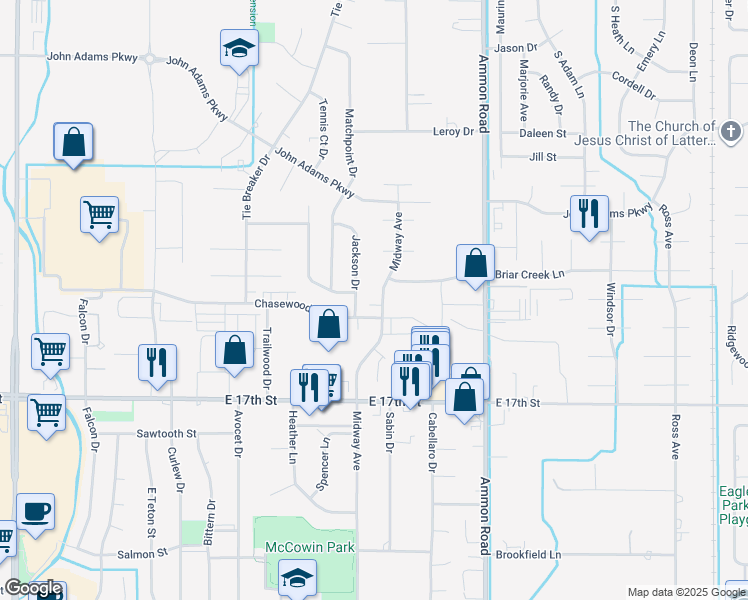 map of restaurants, bars, coffee shops, grocery stores, and more near 1350 Midway Avenue in Ammon