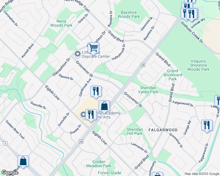 map of restaurants, bars, coffee shops, grocery stores, and more near 2016 Grosvenor Street in Oakville
