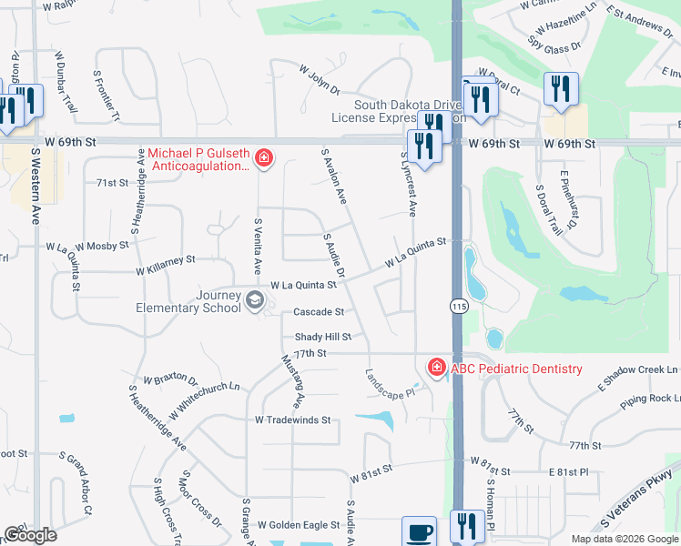 map of restaurants, bars, coffee shops, grocery stores, and more near 704 West La Quinta Street in Sioux Falls