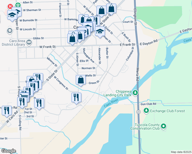 map of restaurants, bars, coffee shops, grocery stores, and more near 400 Wells Street in Caro