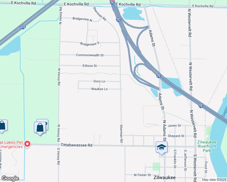 map of restaurants, bars, coffee shops, grocery stores, and more near 779 Waukee Lane in Saginaw