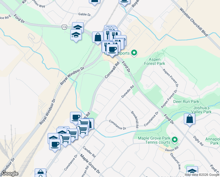 map of restaurants, bars, coffee shops, grocery stores, and more near 515 Cardiff Drive in Oakville