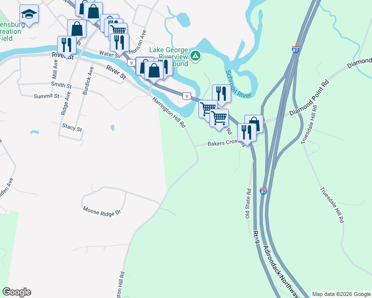 map of restaurants, bars, coffee shops, grocery stores, and more near 2283 Harrington Hill Road in Lake George