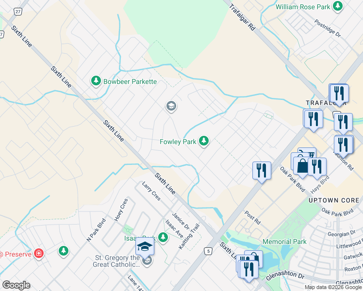 map of restaurants, bars, coffee shops, grocery stores, and more near 3153 Millicent Avenue in Oakville