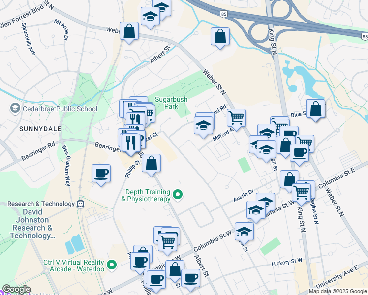 map of restaurants, bars, coffee shops, grocery stores, and more near 459 Tamarack Drive in Waterloo
