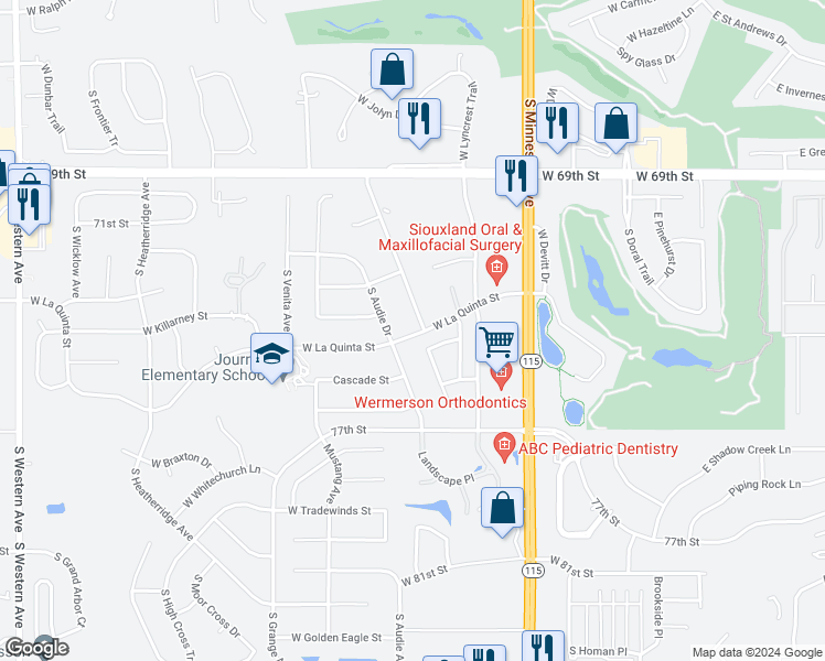 map of restaurants, bars, coffee shops, grocery stores, and more near 6511 South Avalon Avenue in Sioux Falls