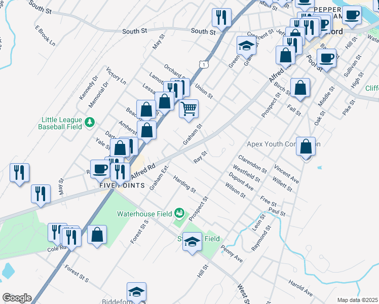 map of restaurants, bars, coffee shops, grocery stores, and more near 289 Alfred Road in Biddeford