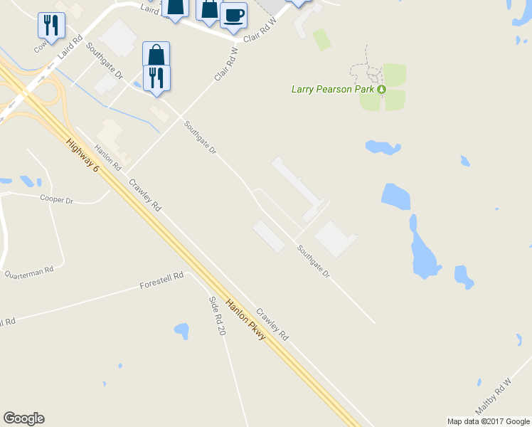 map of restaurants, bars, coffee shops, grocery stores, and more near 995 Southgate Drive in Guelph