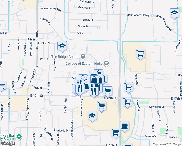 map of restaurants, bars, coffee shops, grocery stores, and more near 1369 Elizabeth Cirlcle in Idaho Falls