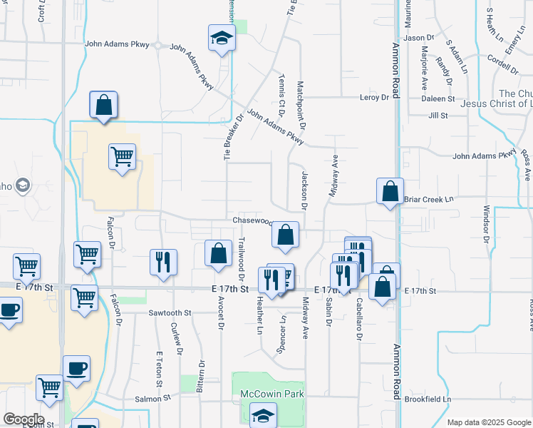 map of restaurants, bars, coffee shops, grocery stores, and more near 3103 Chasewood Drive in Ammon