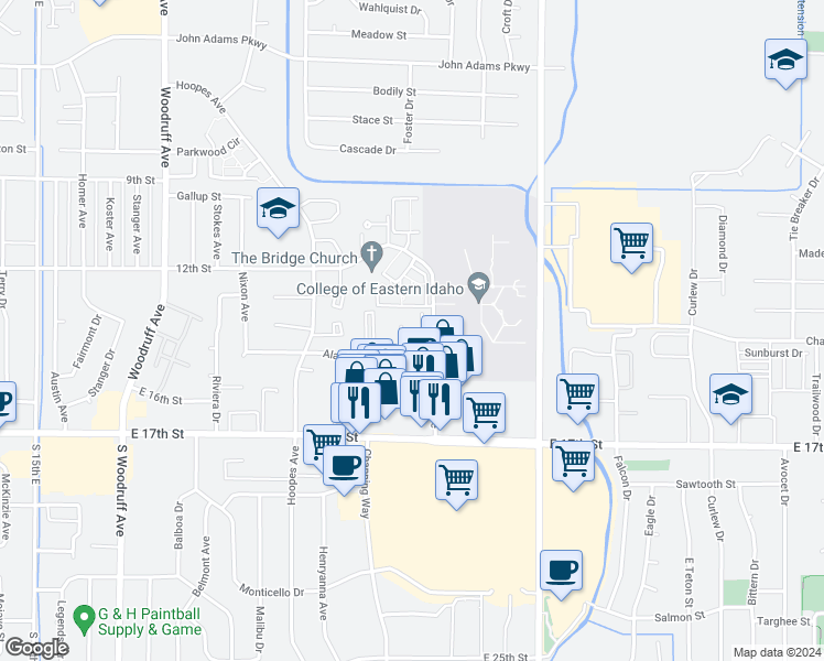 map of restaurants, bars, coffee shops, grocery stores, and more near 1369 Elizabeth Circle in Idaho Falls