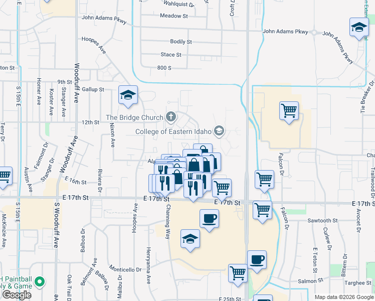 map of restaurants, bars, coffee shops, grocery stores, and more near 1390 Elizabeth Cirlcle in Idaho Falls