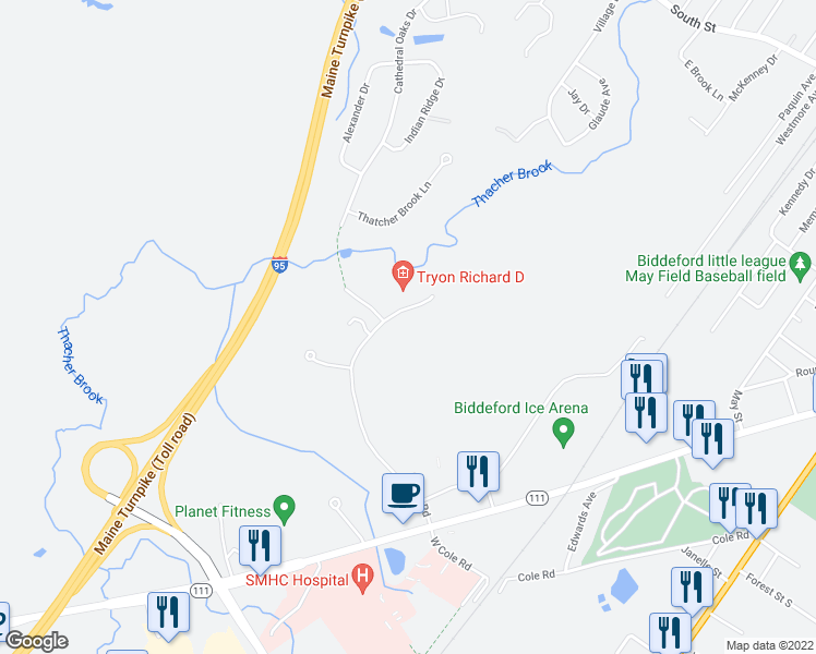 map of restaurants, bars, coffee shops, grocery stores, and more near 60 Barra Road in Biddeford