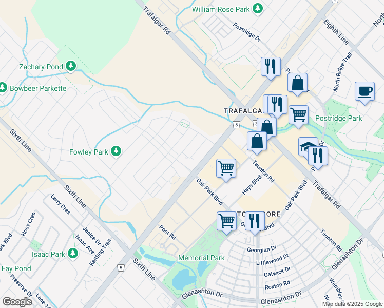 map of restaurants, bars, coffee shops, grocery stores, and more near in Oakville