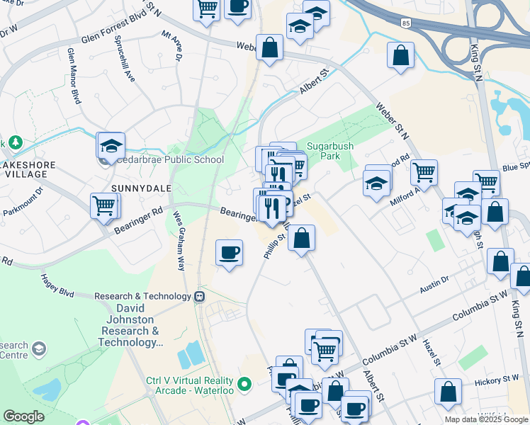 map of restaurants, bars, coffee shops, grocery stores, and more near 455 Albert Street in Waterloo