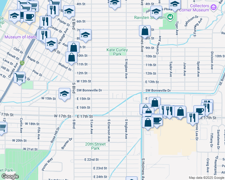 map of restaurants, bars, coffee shops, grocery stores, and more near 350 East 14th Street in Idaho Falls