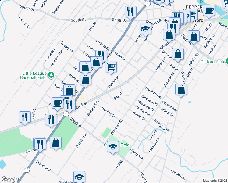 map of restaurants, bars, coffee shops, grocery stores, and more near 16 Ray Street in Biddeford