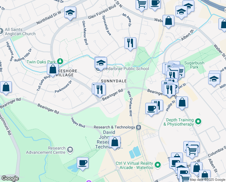 map of restaurants, bars, coffee shops, grocery stores, and more near 195 Corrie Crescent in Waterloo