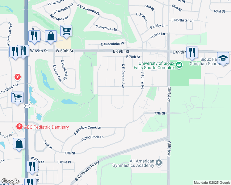 map of restaurants, bars, coffee shops, grocery stores, and more near 731 East El Dorado Drive in Sioux Falls