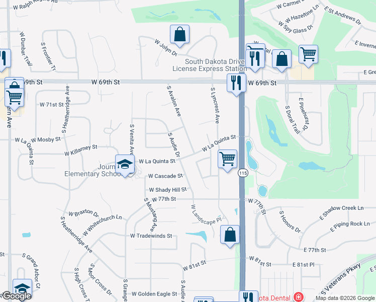 map of restaurants, bars, coffee shops, grocery stores, and more near 6511 South Avalon Avenue in Sioux Falls