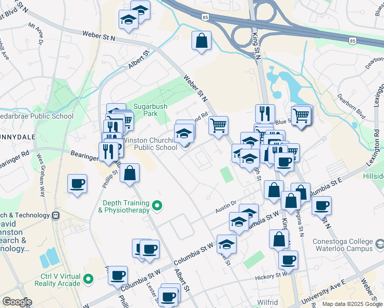 map of restaurants, bars, coffee shops, grocery stores, and more near 412 Milford Avenue in Waterloo