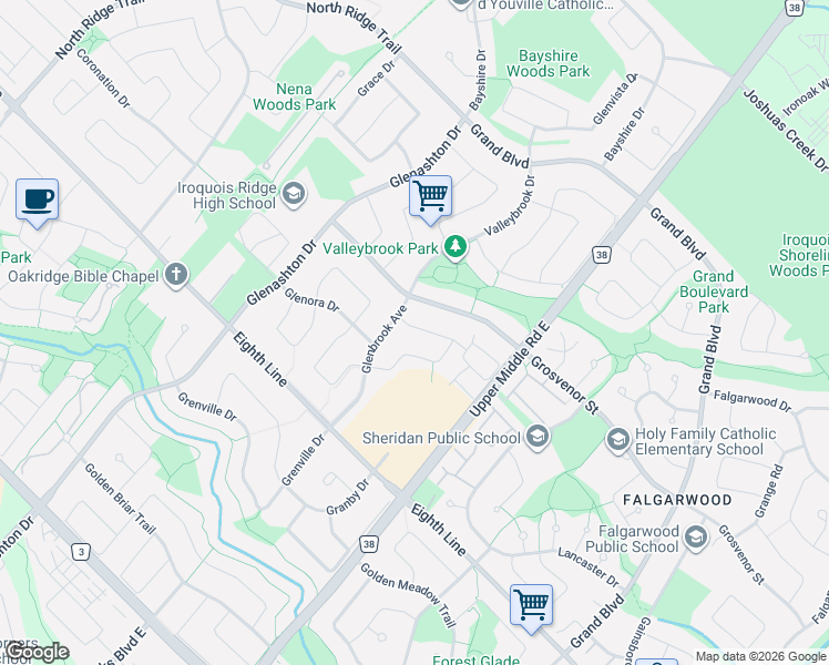 map of restaurants, bars, coffee shops, grocery stores, and more near 1969 Glenada Crescent in Oakville