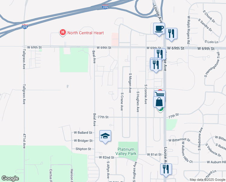 map of restaurants, bars, coffee shops, grocery stores, and more near 6609 South Crane Avenue in Sioux Falls