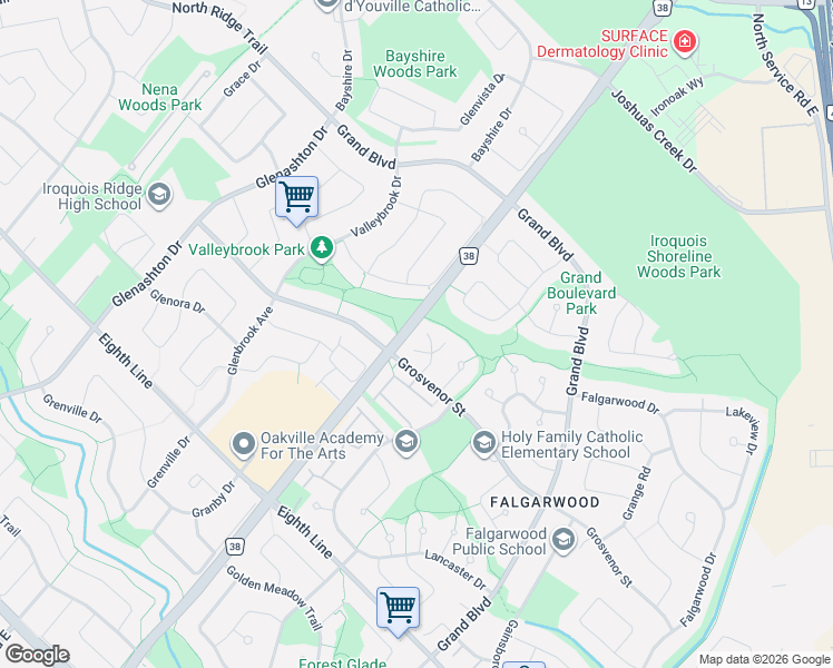 map of restaurants, bars, coffee shops, grocery stores, and more near 1173 Jamesway Boulevard in Oakville
