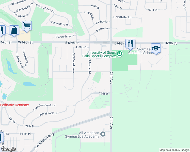 map of restaurants, bars, coffee shops, grocery stores, and more near 6513 South Santa Rosa Place in Sioux Falls