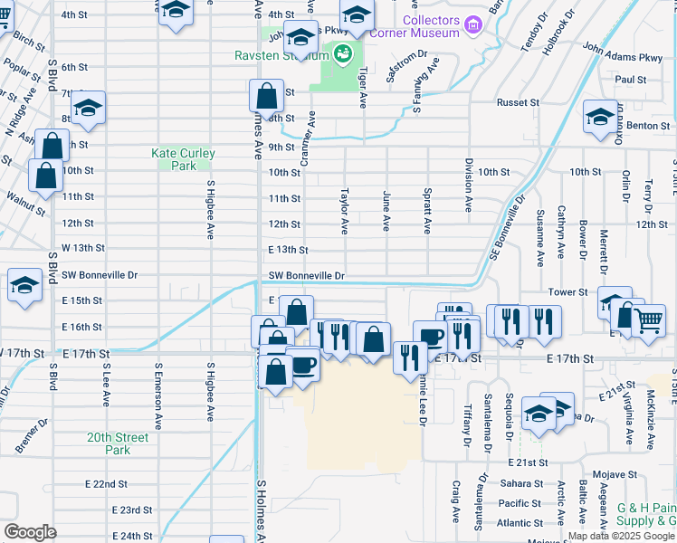 map of restaurants, bars, coffee shops, grocery stores, and more near 683 East 14th Street in Idaho Falls