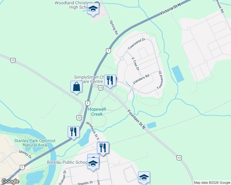 map of restaurants, bars, coffee shops, grocery stores, and more near 23 Wilsted Court in Breslau