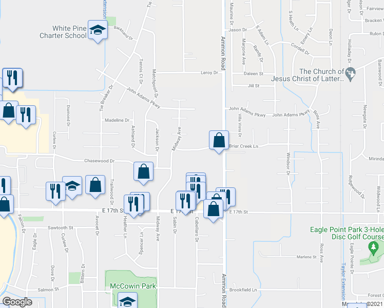 map of restaurants, bars, coffee shops, grocery stores, and more near 3334 Briar Creek Lane in Ammon