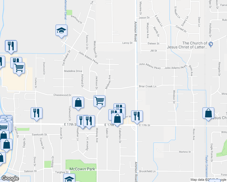 map of restaurants, bars, coffee shops, grocery stores, and more near 3334 Briar Creek Lane in Ammon