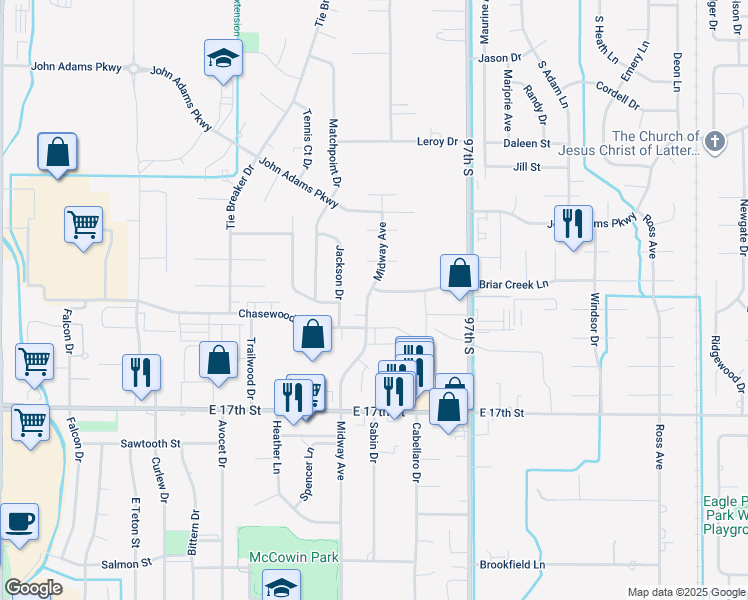 map of restaurants, bars, coffee shops, grocery stores, and more near 1350 Midway Avenue in Ammon
