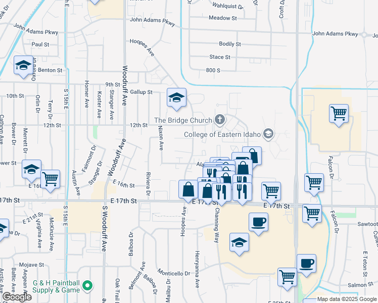 map of restaurants, bars, coffee shops, grocery stores, and more near 2045 Alan Street in Idaho Falls