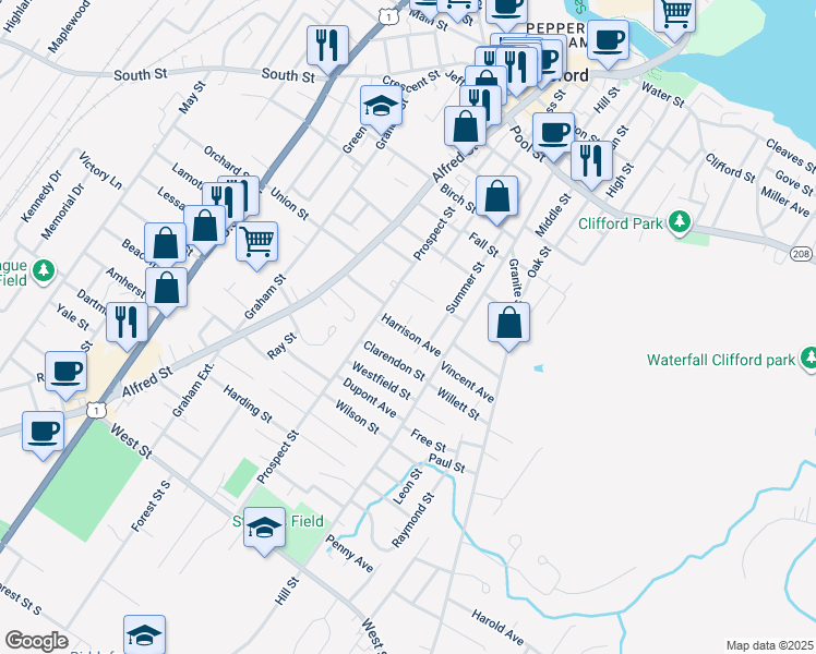 map of restaurants, bars, coffee shops, grocery stores, and more near 14 Harrison Avenue in Biddeford